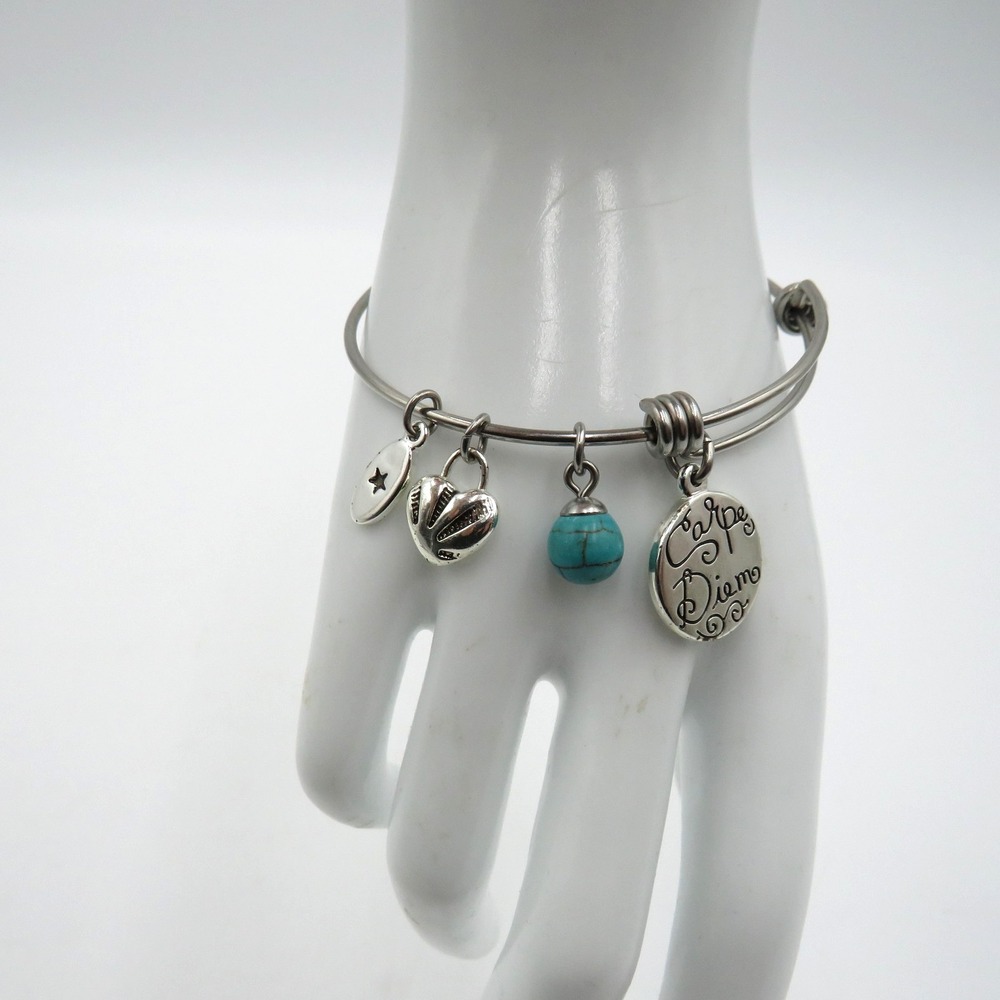 Carpe Diem‎ Seize The Day Love Charm Bracelet Turquoise Bead Expandable Bangle
